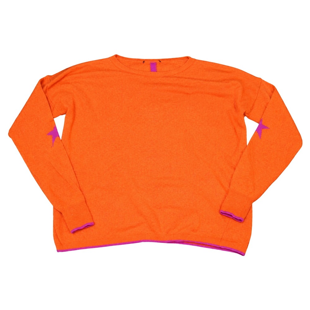 Cashmere Star Elbow Patch Sweater LARGE Orange Pink Cashmere Wool Blend